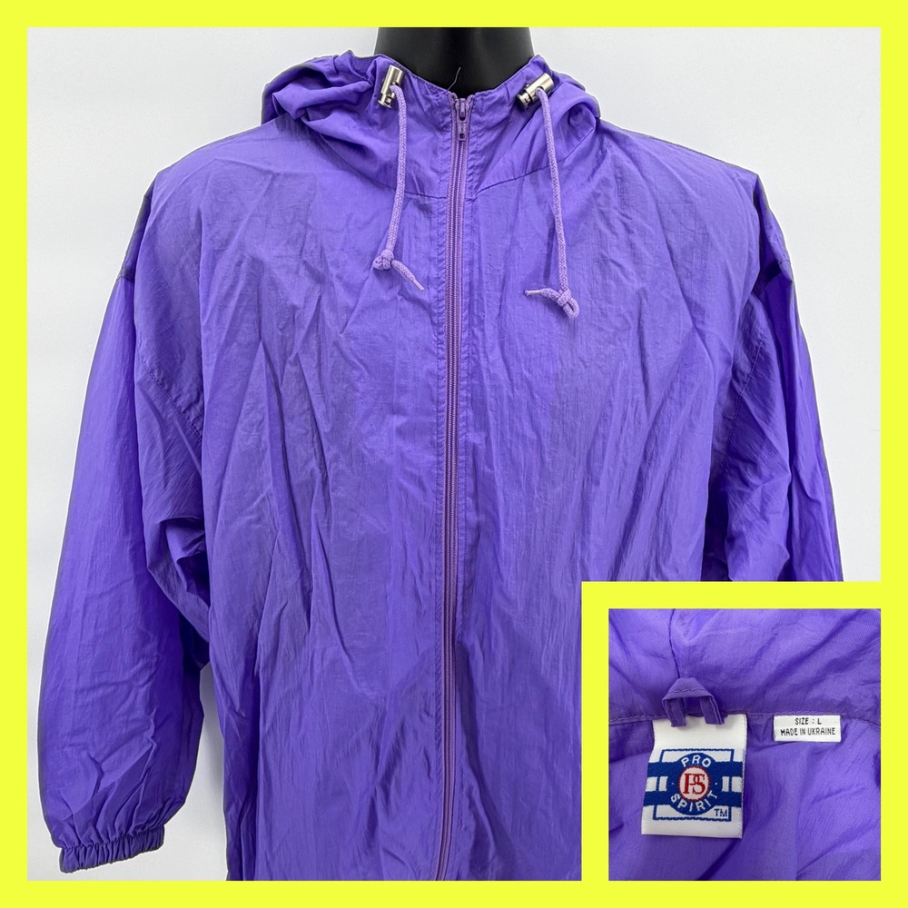VTG Pro Spirit Windbreaker Jacket Mens Large Purple Full Zip Hooded Ukraine 90s